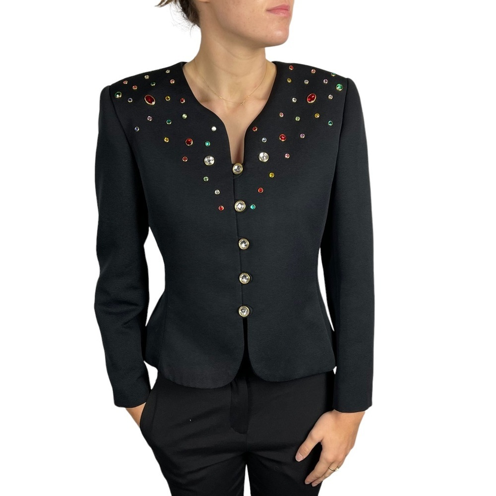 VINTAGE 90s RAINBOW RHINESTONE STRUCTURED BLAZER HOLIDAY JACKET LESLIE FAY SUITS